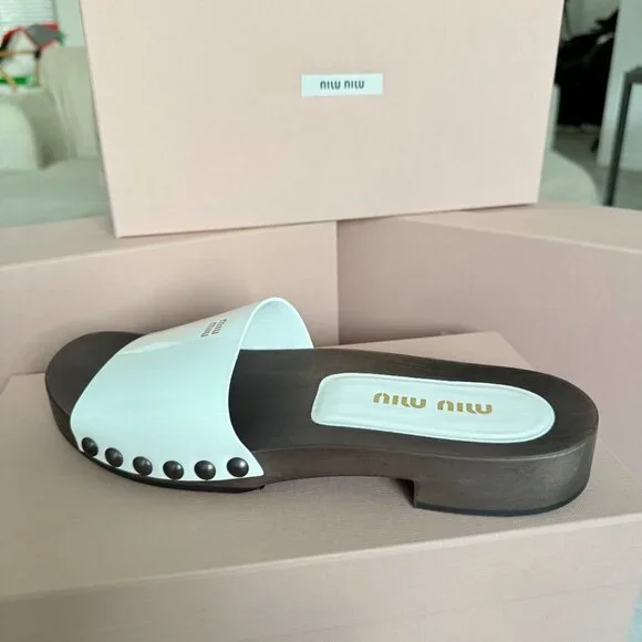 MIU MIU 5Z425E White Patent Leather Wooden Clogs Sandals, sz 38 - Picture 9 of 16